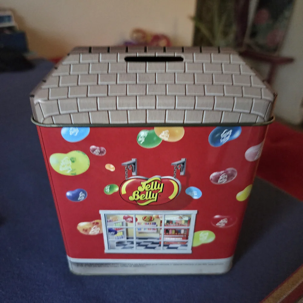 Jelly Belly Graphic Tin Bank with Moveable Awning Red White